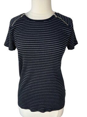 Lauren Ralph Lauren Shirt XL Black  Silver Stripes Zipper Details Stretch Summer
